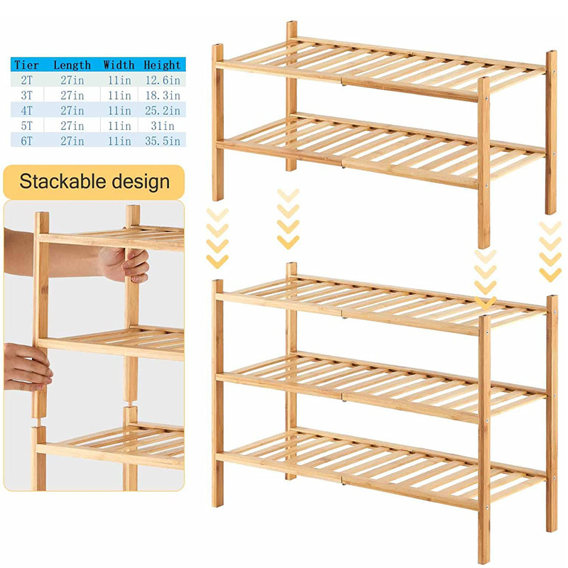 5-Tier Entryway Bamboo Shoe Organizer Stackable Bedroom Closet Free Standing Shoe Display Rack Stand Shelves