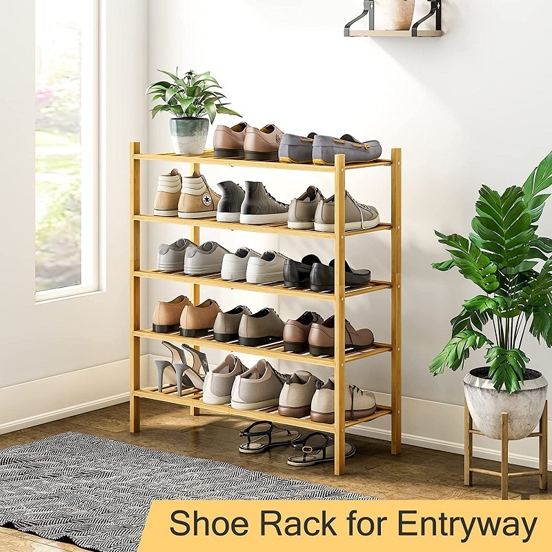 5-Tier Entryway Bamboo Shoe Organizer Stackable Bedroom Closet Free Standing Shoe Display Rack Stand Shelves