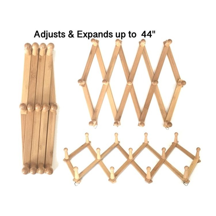 Accordion Style Expandable Wall Mounted Bamboo Coat Rack Living Room 13 Pegs Hat Cap Belt Umbrella Jewelry Scarf Organizers