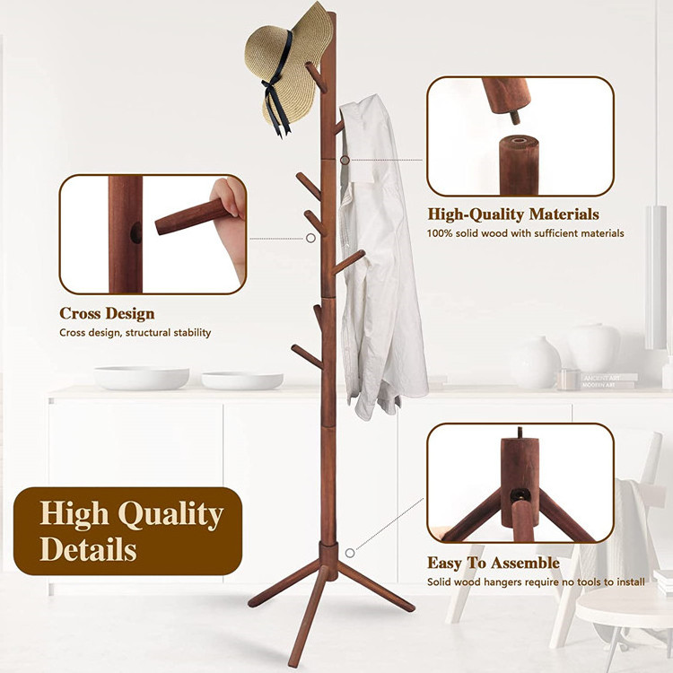 Bedroom Living Room Solid Wood Coat Tree Rack Freestanding Adjustable Height Wooden Clothes Hanger Stand With 8 Hooks