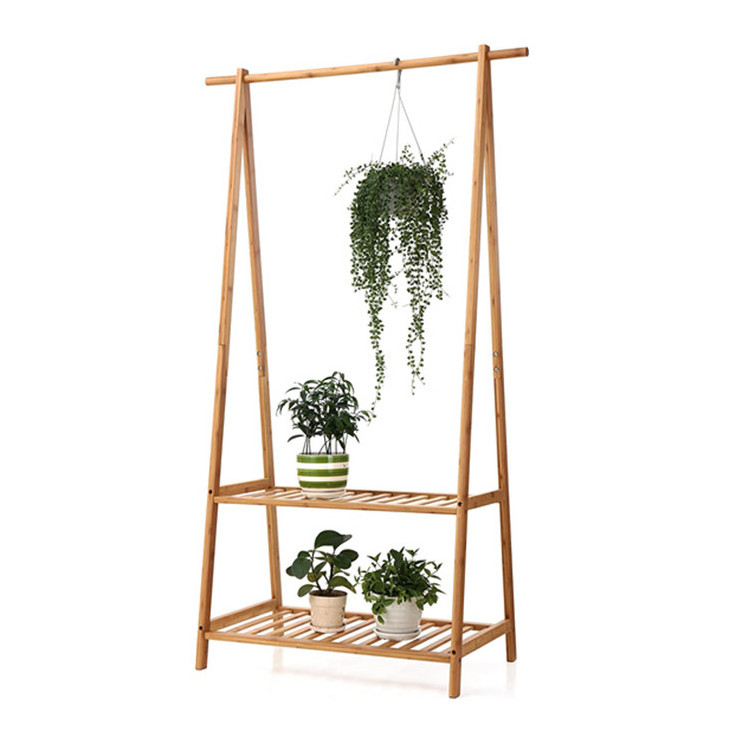 Simple Modern Extra Large Garment Rack Floor Standing Multifunction 2-Tire Bamboo Material Coat Hang Rack With Storage Shelf