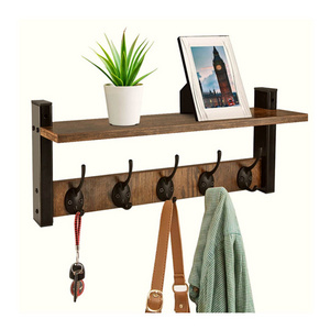 Home Decorative Mounted Hooks Hanger Antique Wooden Wall Floating Coat Rack With Storage Shelf For Hanging Towels Cap