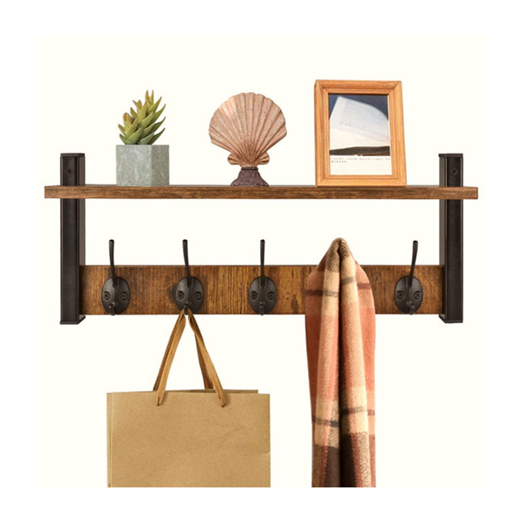 Home Decorative Mounted Hooks Hanger Antique Wooden Wall Floating Coat Rack With Storage Shelf For Hanging Towels Cap