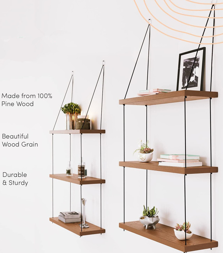 Dropshipping 3-Tier Floating Rope Shelf Swing Storage Bookshelf Macrame Floating Wood Hanging Plant Shelves For Wall Decor