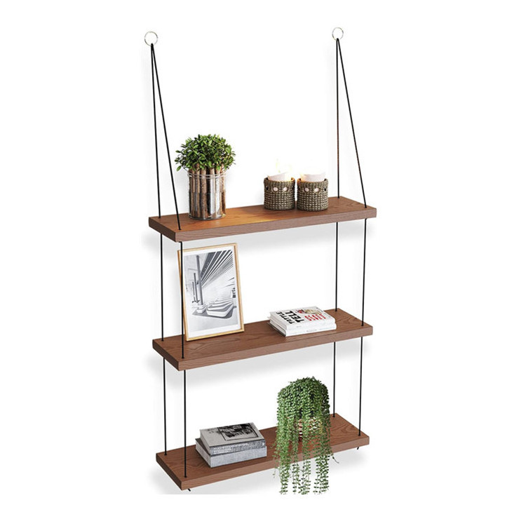 Dropshipping 3-Tier Floating Rope Shelf Swing Storage Bookshelf Macrame Floating Wood Hanging Plant Shelves For Wall Decor