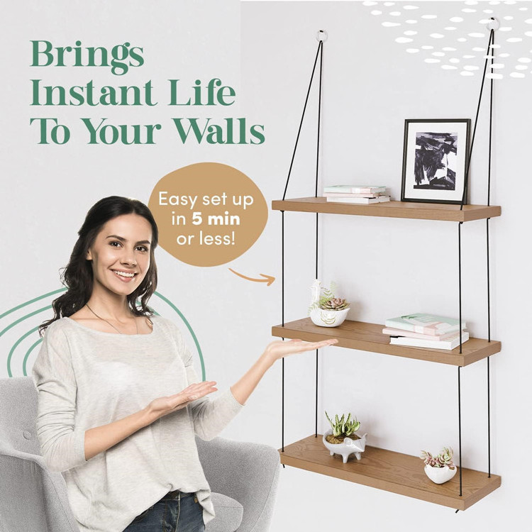 Dropshipping 3-Tier Floating Rope Shelf Swing Storage Bookshelf Macrame Floating Wood Hanging Plant Shelves For Wall Decor