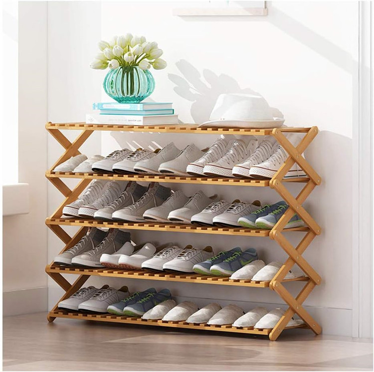 Living Room Entryway Bamboo 5-Tier Shoe Shelf Stand Multifunctional Free Standing Portable Storage Bamboo Foldable Shoe Rack