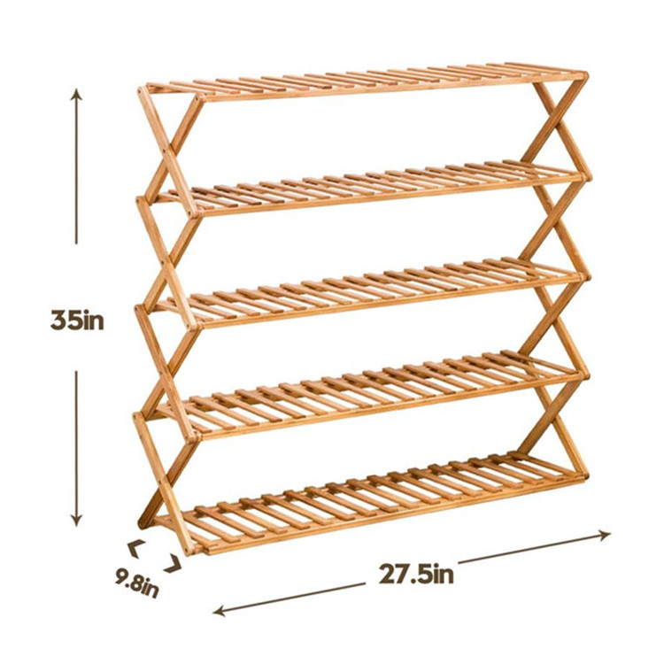 Living Room Entryway Bamboo 5-Tier Shoe Shelf Stand Multifunctional Free Standing Portable Storage Bamboo Foldable Shoe Rack