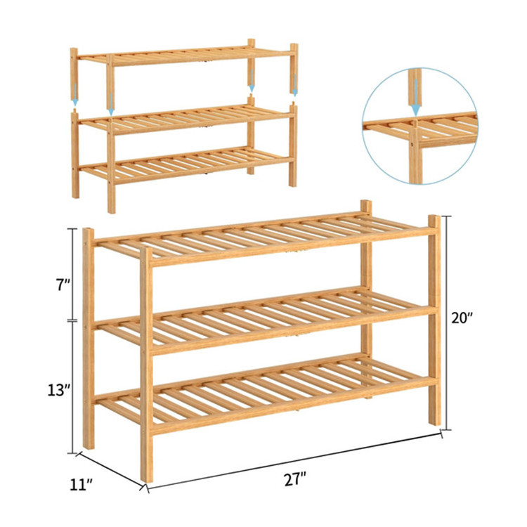 3-Tier Natural Bamboo Shoe Rack Entryway Convenient Multi-Function Stackable Free Standing Shelf Shoes Rack Stand Organizer