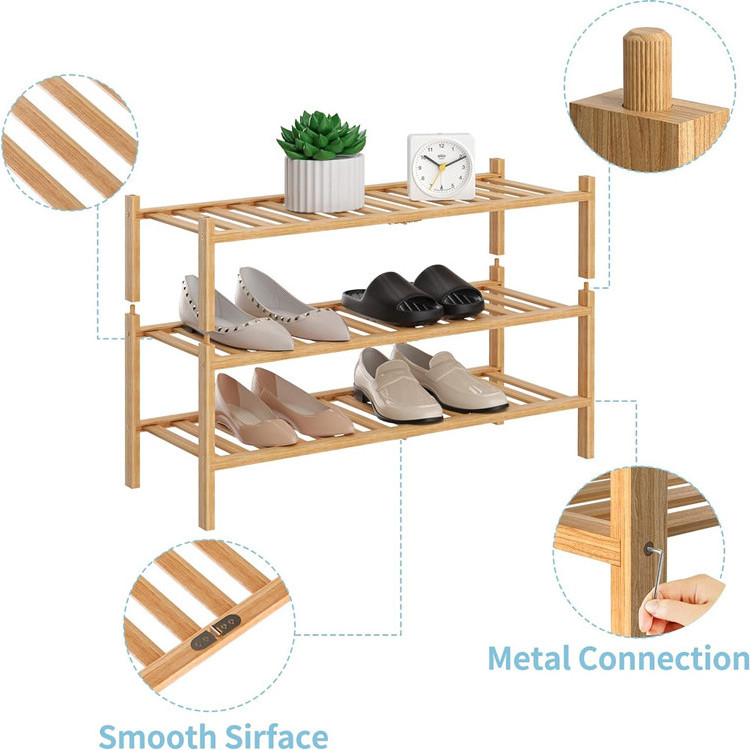 3-Tier Natural Bamboo Shoe Rack Entryway Convenient Multi-Function Stackable Free Standing Shelf Shoes Rack Stand Organizer