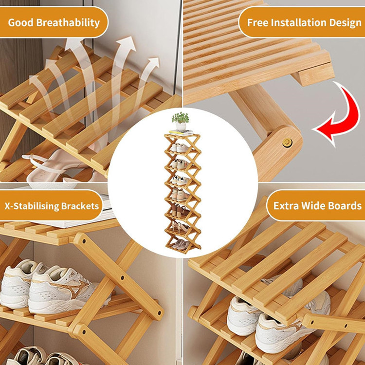 Modern Collapsible Wooden Shoe Storage Organizer Shelf Closet Entryway Corner 3/4/5/6 Tiers Layers Bamboo Foldable Shoe Rack