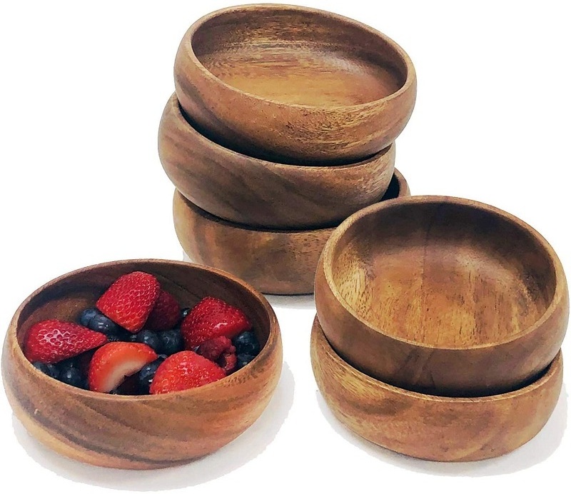 Wholesale Custom Rustic Acacia Wood Dough Bowls Set Snack Fruits Rice Soup Nuts Serving Handcrafted Wooden Fruit Salad Bowl