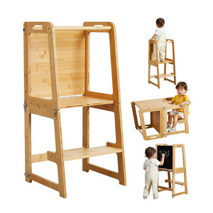 Custom 4-In-1Bamboo Toddler Standing Step Tower Kids Adjustable Kitchen Helper Stool Foldable Montessori Toddler Learning Tower