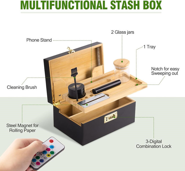 Wholesale Premium Bamboo Smoking Accessories Storage Box Rolling Tray Smell Proof Lockable Combo Kit Stash Box With Grinder