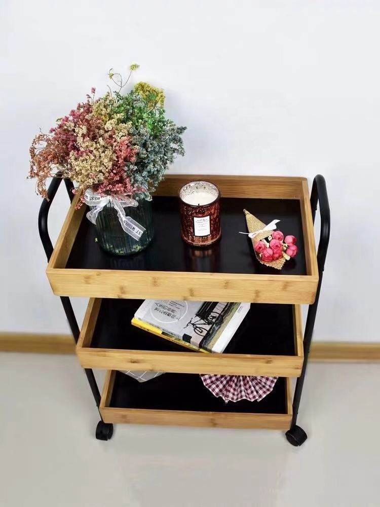 Custom 3 Tier Bamboo Kitchen Storage Trolley Cart Portable Ultradurable Utility Cart Organizer With Movable Wheel