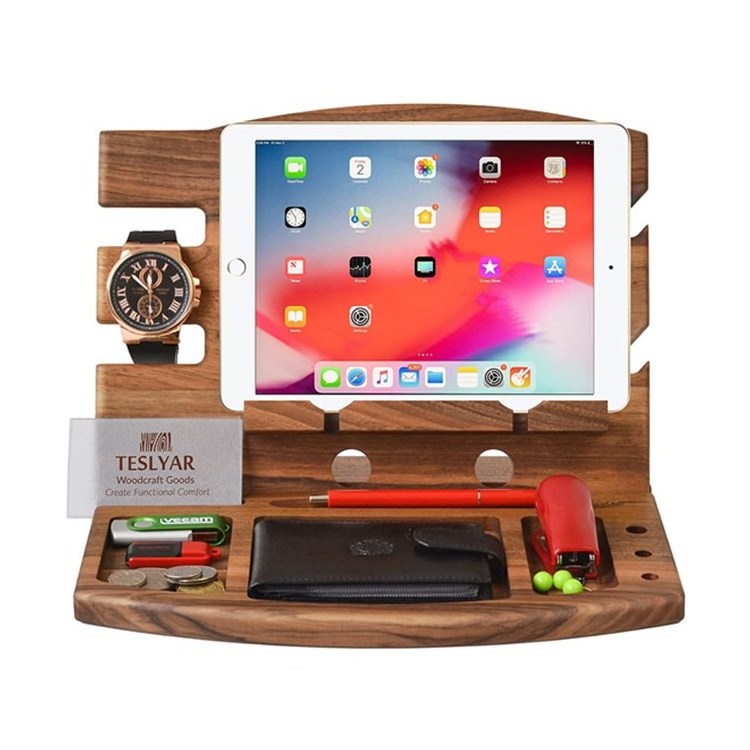 Natural Walnut Wood Phone Docking Station Phone Key Holder Wallet Watch Organizer Men Husband Nightstand Purse Father Day Gift