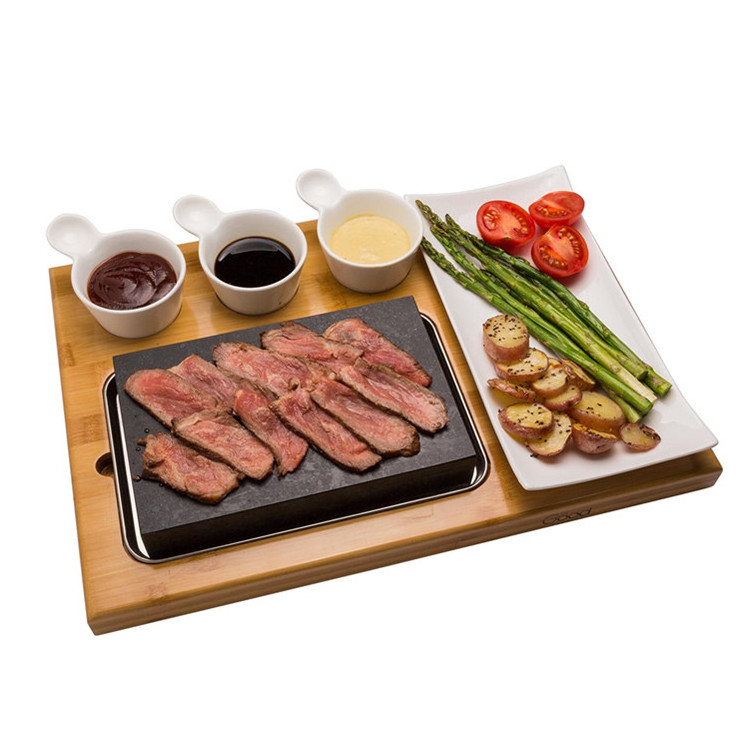 Lava Hot Steak Stone Plate Table Cold Lava Rock Indoor Bbq Hibachi Grilling Stone Set With Ceramic Side Dish And Bamboo Platter