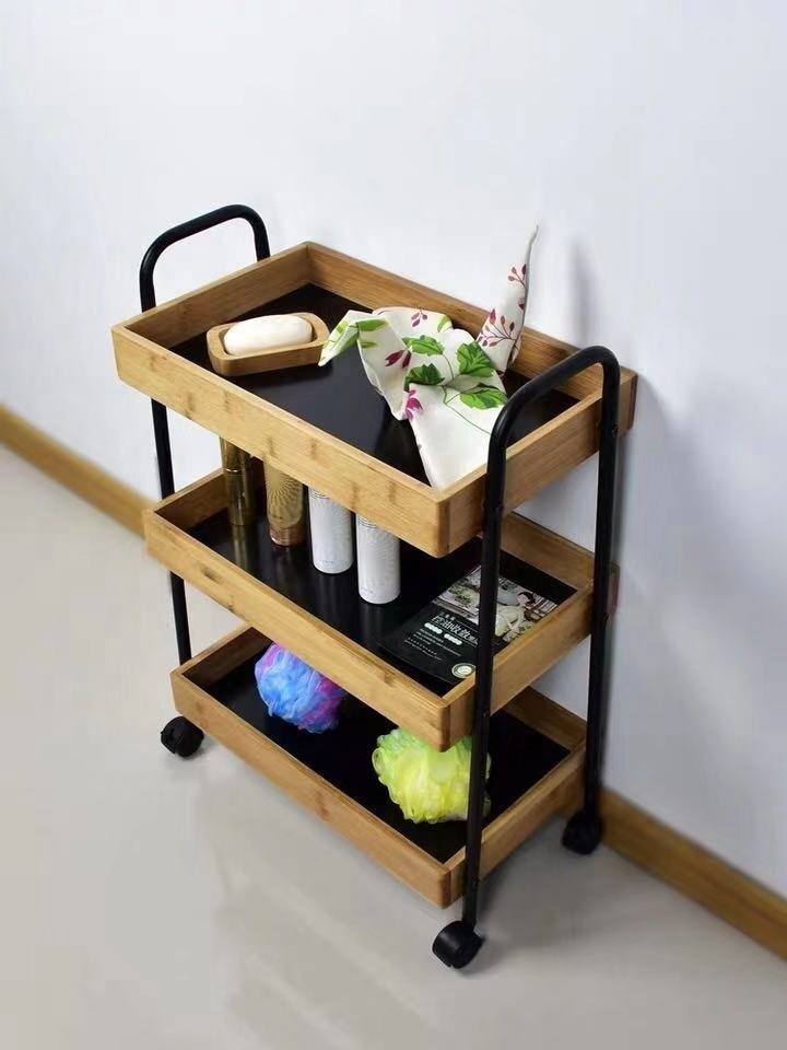 Custom 3 Tier Bamboo Kitchen Storage Trolley Cart Portable Ultradurable Utility Cart Organizer With Movable Wheel