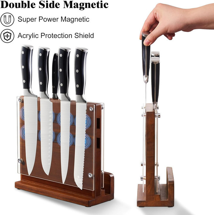 Kitchen Counter Stainless Steel Knife Holder Double Side Powerful Magnetic Acacia Wood Knife Block With Acrylic Shield