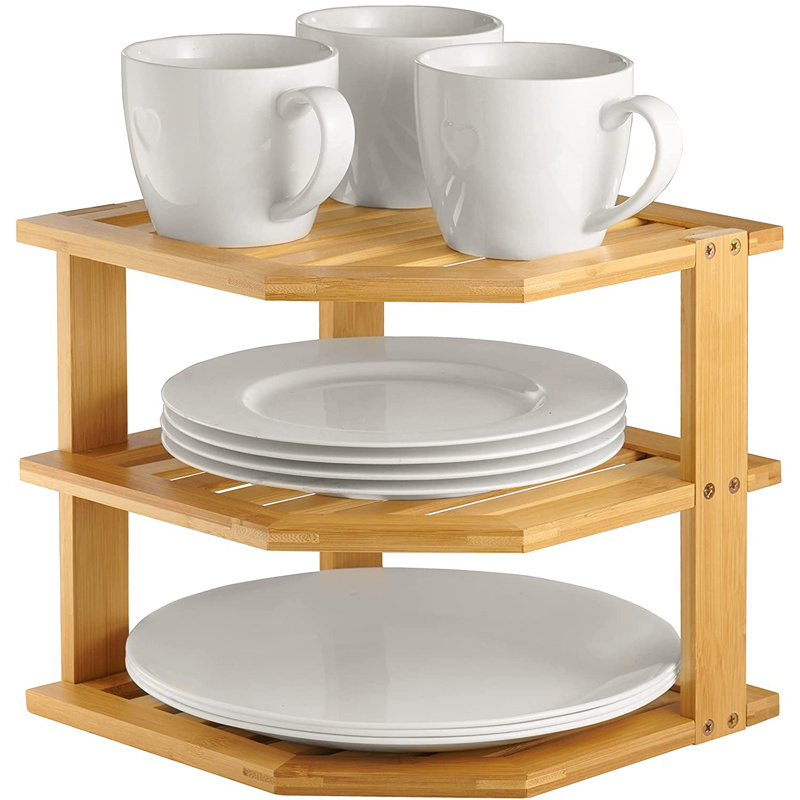 Wholesale Premium Bamboo 3 Tier Kitchen Cabinet Corner Storage Shelf Countertop Dish Plate Organizer And Storage Holder