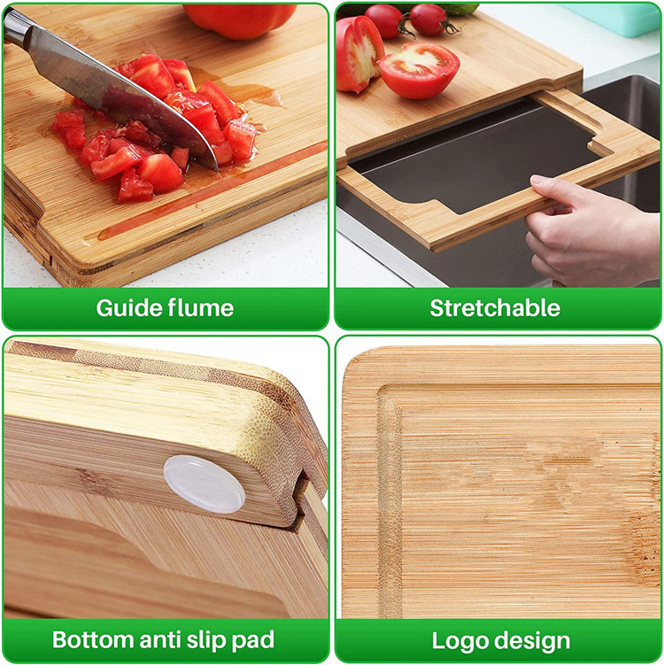 Over The Sink Chopping Board Vegetable Serving Expandable Organic Bamboo Cutting Board With Containers For Kitchen Food Prep