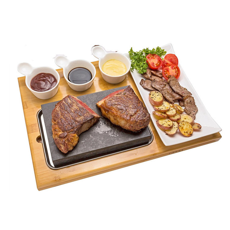 Lava Hot Steak Stone Plate Table Cold Lava Rock Indoor Bbq Hibachi Grilling Stone Set With Ceramic Side Dish And Bamboo Platter