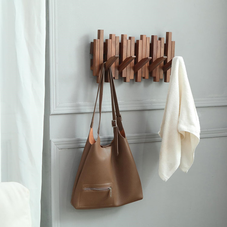 Farmhouse Entryway Wall Mounted Storage Farmhouse Natural Black Walnut Wood Piano Wall Coat Rack With 5 Hooks