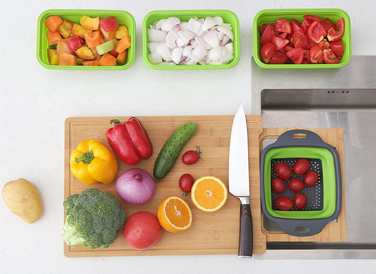 Over The Sink Chopping Board Vegetable Serving Expandable Organic Bamboo Cutting Board With Containers For Kitchen Food Prep