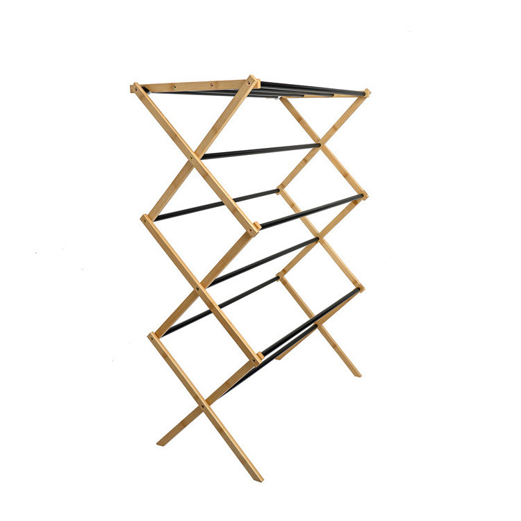 Indoor Tall Portable Retractable Laundry Wooden Clothes Drain Stand Multi Tier Foldable Bamboo Clothes Airer Drying Rack