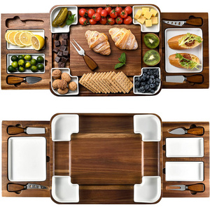 Upgraded Charcuterie Food Serving Platter Kitchen Hidden Drawer Square Acacia Wood Cheese Board And Knife Set with Ceramic Bowls