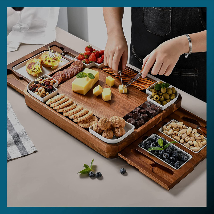 Upgraded Charcuterie Food Serving Platter Kitchen Hidden Drawer Square Acacia Wood Cheese Board And Knife Set with Ceramic Bowls