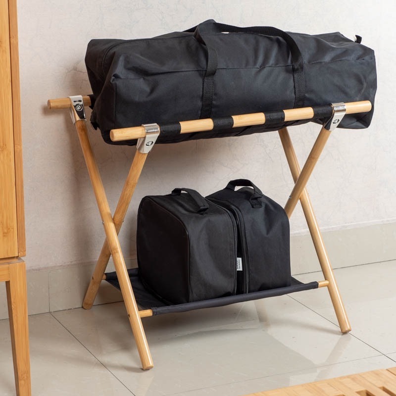 New Design Home Hotel Wooden Suitcase Stand Multifunction Bamboo Folding Luggage Rack With Storage Shelf