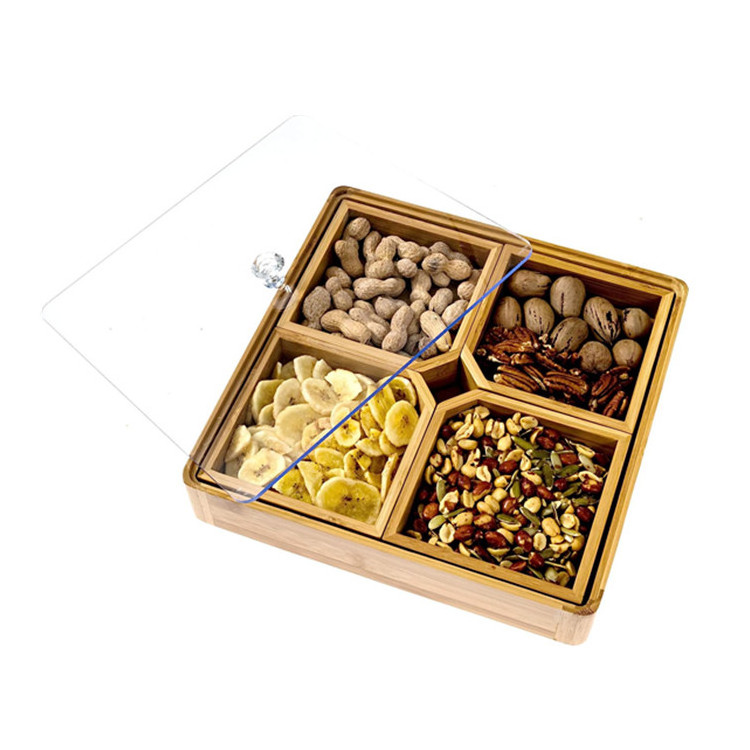 Bamboo Nut And Candy Appetizer Platter Dried Fruit Box Veggie Dish Candy Bowl Removable Divided Serving Tray With Acrylic Lid