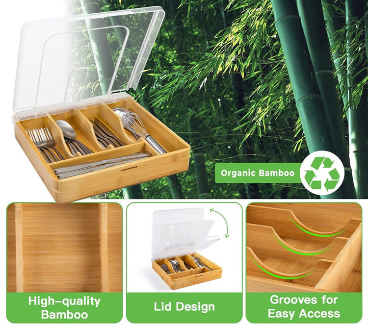 Kitchen Countertop Multifunction Flatware Utensil Storage Box Drawer Bamboo Silverware Tray Organizer With Plastic Lid