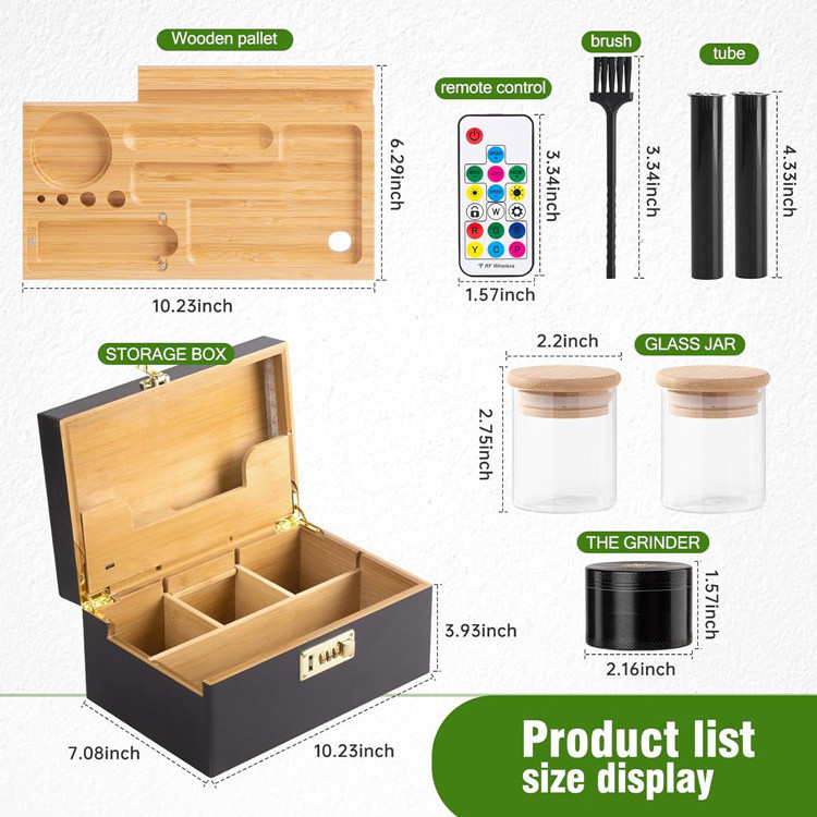 Wholesale Premium Bamboo Smoking Accessories Storage Box Rolling Tray Smell Proof Lockable Combo Kit Stash Box With Grinder