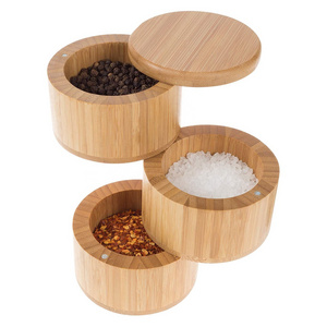 Multifunction 3 Tier Compact Wooden Spice Container Box Magnet Eco Friendly Bamboo Food Storage Box For Salt And Pepper