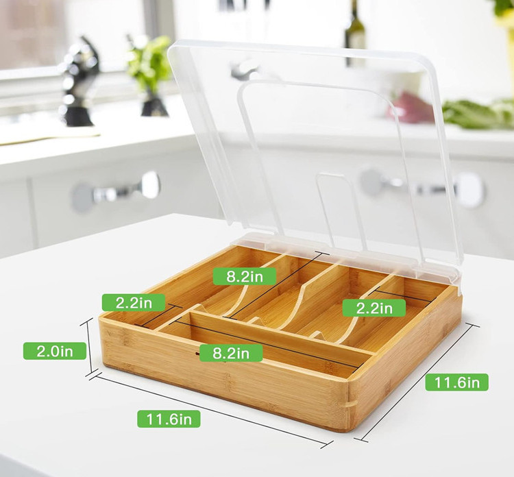 Kitchen Countertop Multifunction Flatware Utensil Storage Box Drawer Bamboo Silverware Tray Organizer With Plastic Lid