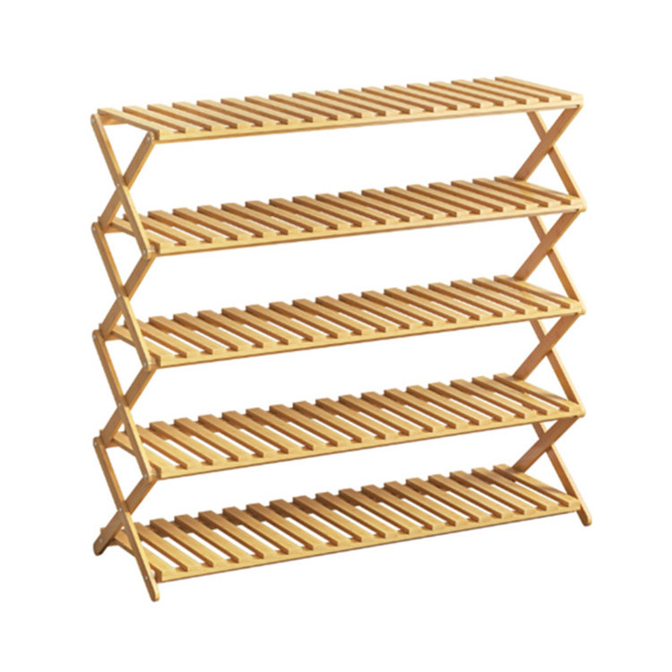 Home Cabinet Collapsable Shoe Stand X-Shaped Bamboo 5 Tiers  Free Standing Portable Wooden Foldable Shoe Rack Storage Organizer