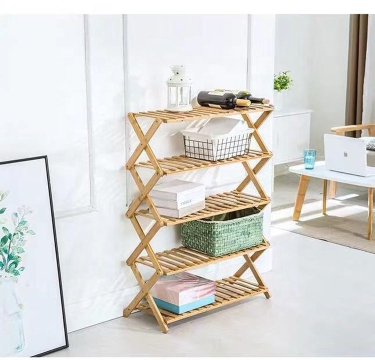 Home Cabinet Collapsable Shoe Stand X-Shaped Bamboo 5 Tiers  Free Standing Portable Wooden Foldable Shoe Rack Storage Organizer