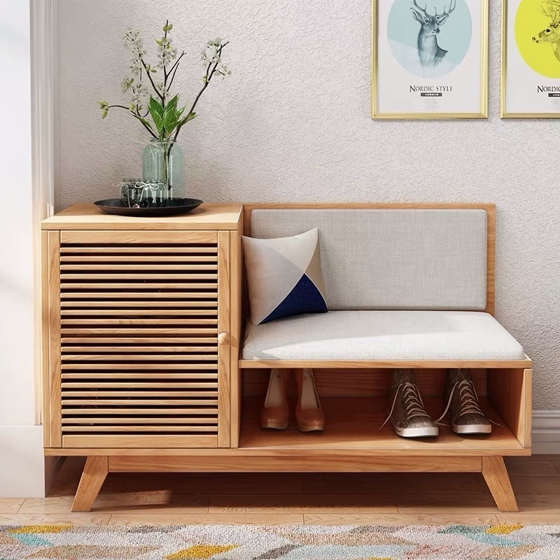 Nordic Sturdy Wooden Shoe Rack Bench Organizer Bathroom Living Room Entryway 3-Tier Bamboo Shoe Bench With Cushion