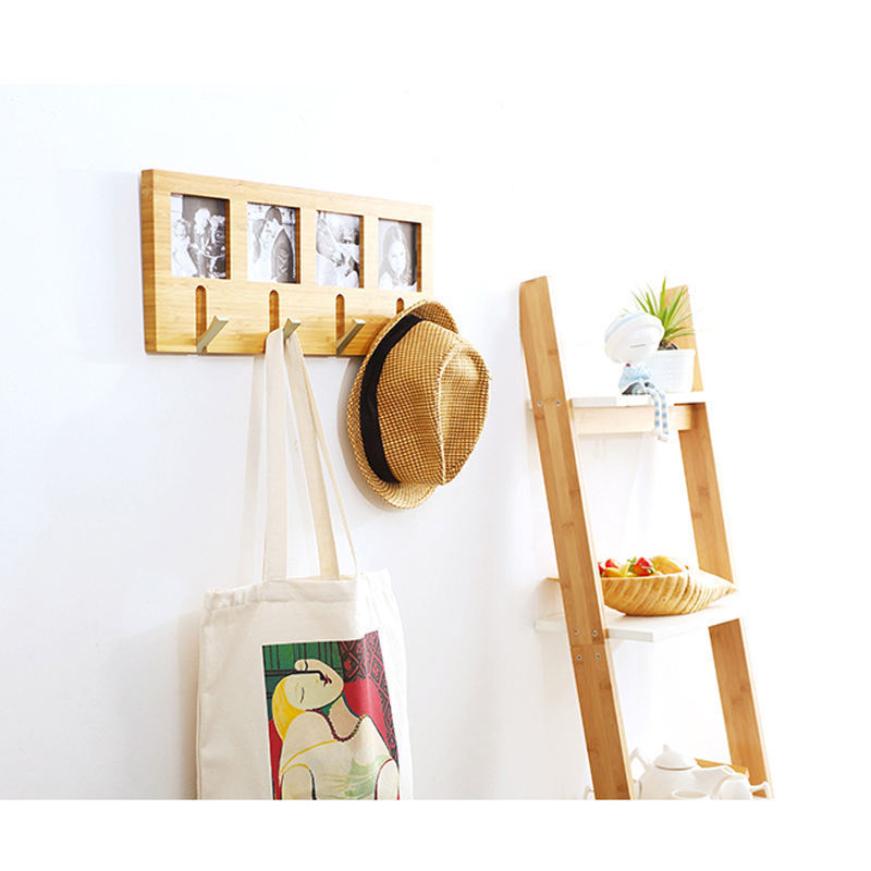 Custom Photo Design 5 Hook Rail Clothes Hat Hanger Entryway Holder Corner Bamboo Wood Wall Mounted Coat Rack For Living Room