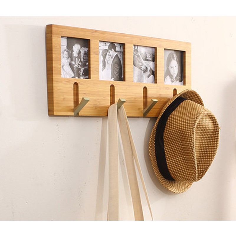 Custom Photo Design 5 Hook Rail Clothes Hat Hanger Entryway Holder Corner Bamboo Wood Wall Mounted Coat Rack For Living Room