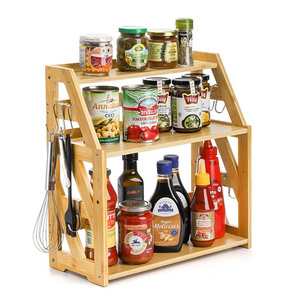 Pantry organizer kitchen gadgets tool rack stand holders  Adjustable Display Shelf Bamboo Spice Storage Rack With Hook