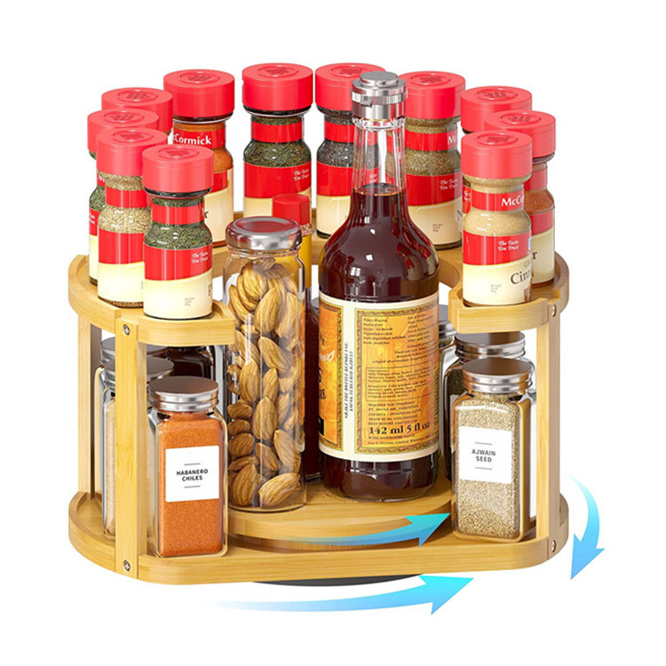 Personalized Custom Low Price Rotating Bamboo Spice Rack Kitchen 2 Tier Lazy Susan Turntable Seasoning Bottle Holder Storage