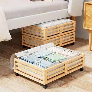 Bedroom Underbed Shoe Cloth Organizer Containers Large Dust Bag Wood Rolling Bamboo Under Bed Storage With Wheels