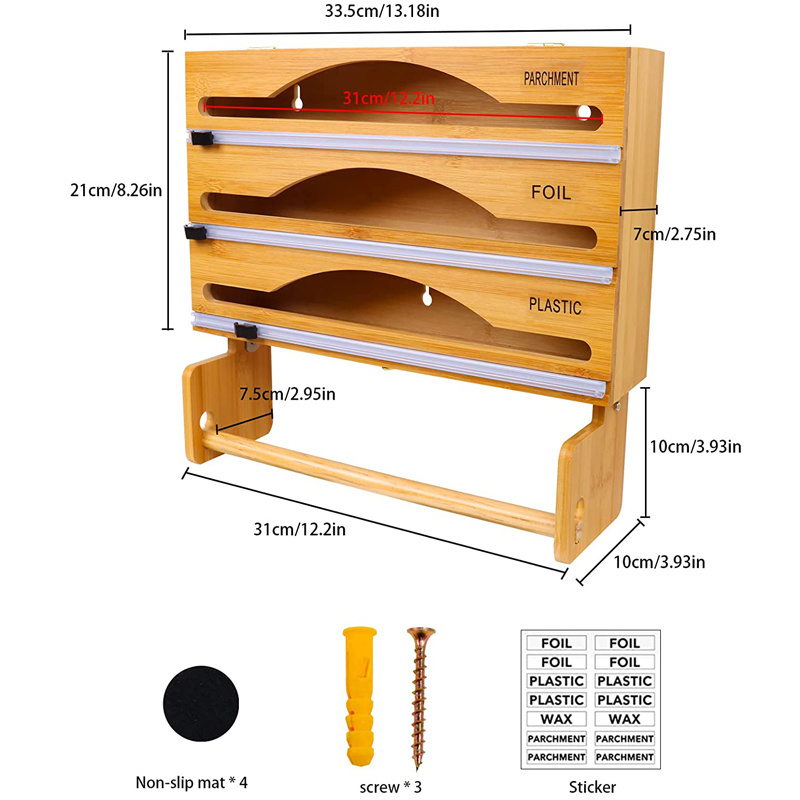 Kitchen Drawer 4 In 1 Bamboo Ziplock Wrap Dispenser With Cutter And Dispenser Plastic Aluminum Roll Foil Wax Paper Organizer
