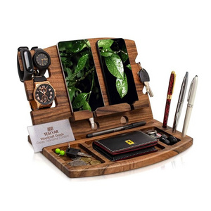 Natural Walnut Wood Phone Docking Station Phone Key Holder Wallet Watch Organizer Men Husband Nightstand Purse Father Day Gift