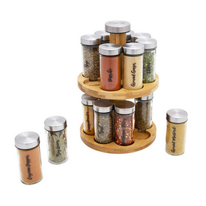 Household Kitchen Lazy Susan 16 Jar Seasoning Standing Tower  Shelf 2 Tier Bamboo Rotating Storage Spice Organizer