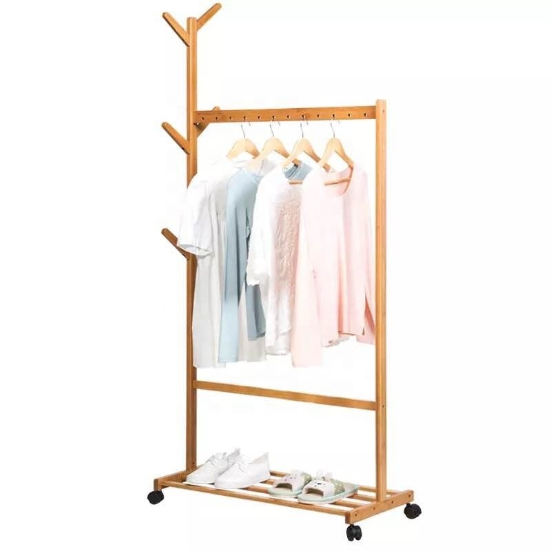 Living Room Bamboo Garment Clothes Rack Storage Organizer Heavy Duty Removable Freestanding Coat Hanger Stand With Shelves