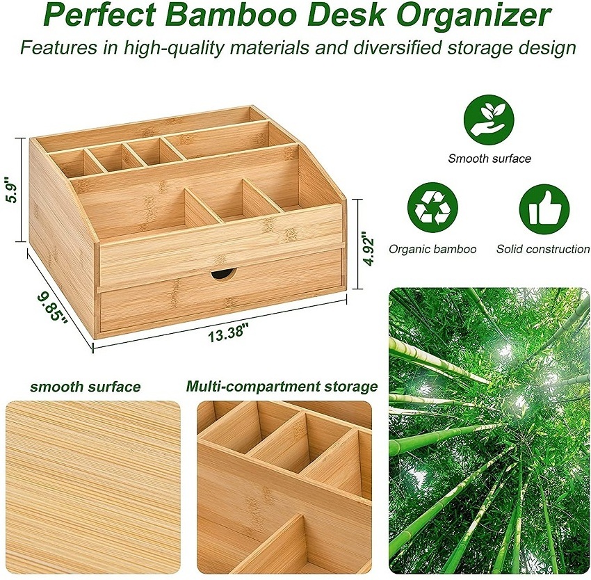 Home Office Accessories Storage Set Table Top File Pen Holder Bamboo Wood Office Desk Organizer With Drawer